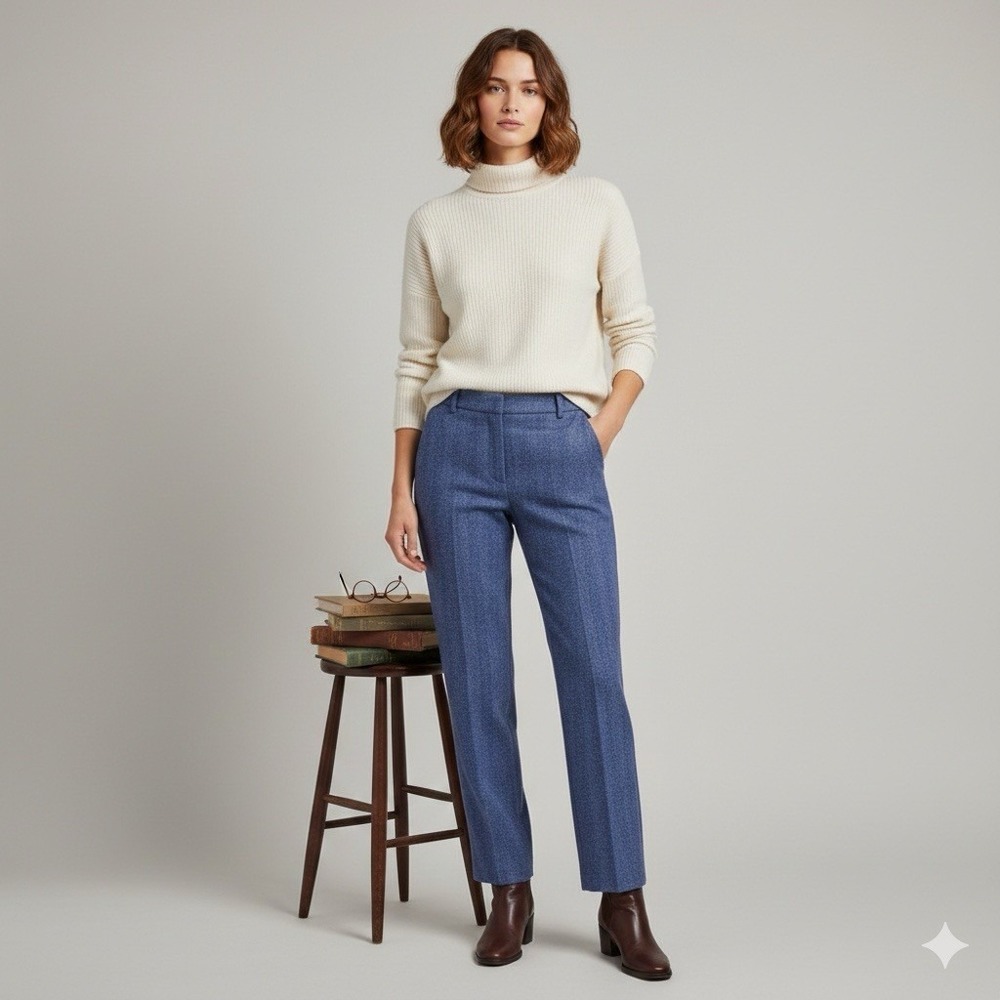 Boden British Tweed by MOON Blue Herringbone Wool Pants 4P Petite Dark Academia
